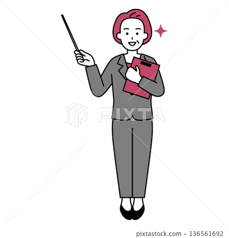 A middle-aged woman in a suit explaining with a pointer (full body) 136561692