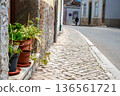 Houseplants in rustic Algarve Portugal town doorway mosaic cobblestone sidewalk 136561721