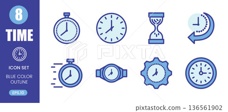 Blue outline time icon collection with clock, stopwatch, timer and smartwatch symbols. Modern clean style for business and UI design. 136561902