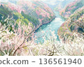 Plum blossoms in Tsukigase Valley, watercolor painting 136561940