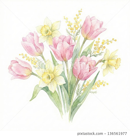 Watercolor bouquet of pink tulips, yellow daffodils, and mimosa branches on a white background. 136561977