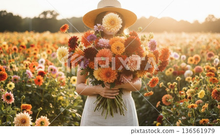 Person in straw hat holding massive autumn flower bouquet in a golden hour dahlia field. 136561979