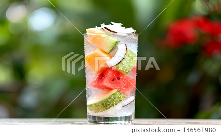 Refreshing tropical fruit water in a glass with watermelon, cantaloupe, honeydew, coconut, and cucumber. A healthy hydrating summer drink. Refreshing tropical fruit water in a glass with watermelon, cantaloupe, honeydew, coconut, and cucumber. A healthy hydrating summer drink. 136561980