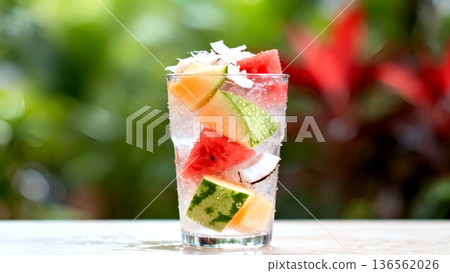 Sparkling tropical fruit water in a glass with watermelon, cantaloupe, honeydew, and coconut. A cold, healthy summer refreshment 136562026