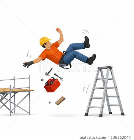 Illustration of a fall accident from a stepladder or scaffolding | Safety measures for working at heights 136562044