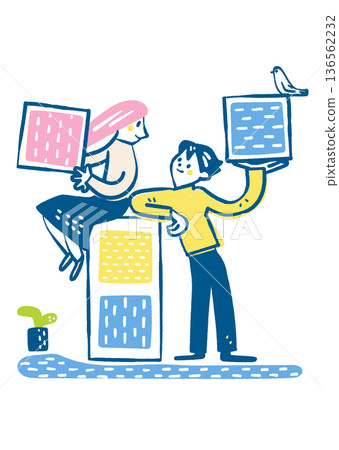 一對男女手持價值觀，探討著他們的未來。這是自主對話和相互理解的象徵（個人重建系列）。 136562232