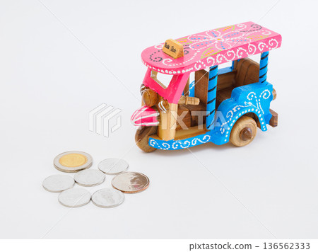 Thai tuk-tuk and coins, image of fare, white background 136562333