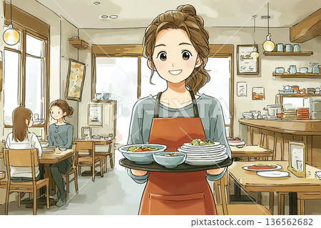 餐廳女服務生端著食物（服務/顧客服務） 136562682