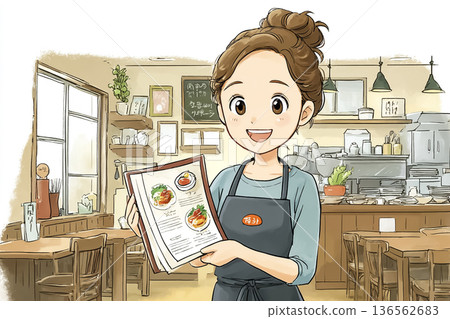 餐廳裡，一位女服務生拿著菜單為顧客指引方向（餐廳服務，內部） 136562683
