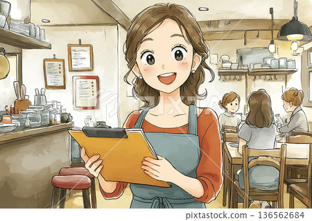 餐廳女員工正在核對訂單詳情（使用寫字板，提供顧客服務） 136562684