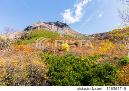 Autumn in Nasu Town, Tochigi Prefecture. One of Japan's 100 famous mountains. Mt. Nasu (Mt. Chausu) with autumn leaves. Ubagadaira. Autumn in Nasu Town, Tochigi Prefecture. One of Japan's 100 famous mountains. Mt. Nasu (Mt. Chausu) with autumn leaves. Ubagadaira. 136562746