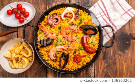 Spanish Paella Seafood Dish Flat Lay 136563263
