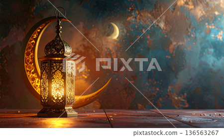 Ramadan Lantern with Crescent Moon on Dark Background 136563267