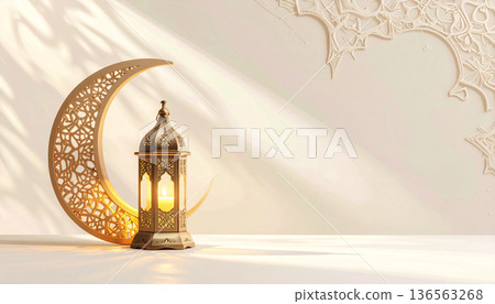 Ramadan Lantern with Crescent Moon on Soft Background 136563268