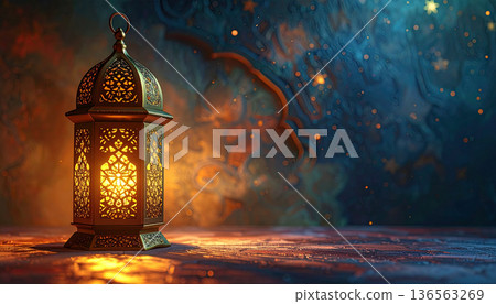 Ramadan Lantern with Crescent Moon on Dark Background 136563269