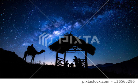 Night Nativity Scene Under Starry Sky 136563296