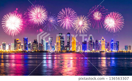 Doha Skyline Fireworks Celebration at Night 136563307