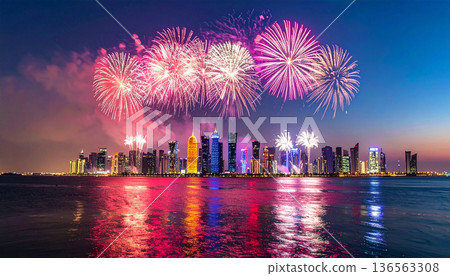 Doha Skyline Fireworks Celebration at Night 136563308