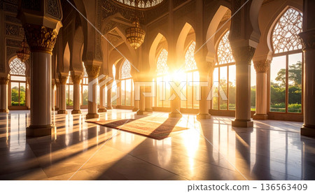 Interior of Mosque with Sunlight and Arches 136563409