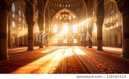 Interior of Mosque with Sunlight and Arches 136563410