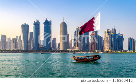 Doha Skyline with Qatar Flag on Boat 136563413