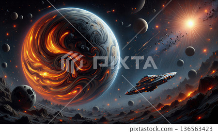 Cosmic journey to a volcanic planet. A sci-fi scene depicting a large, swirling volcanic planet with vivid orange and black patterns resembling molten lava. 136563423