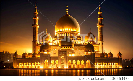 Golden Mosque at Sunset with Dramatic Sky 136563424