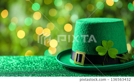 Green Leprechaun Hat with Shamrock on Glitter 136563432