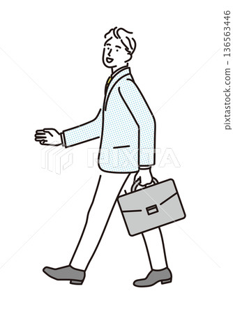 一幅簡單的插圖，描繪了一位男性商務人士前往銷售會議的場景。商務場景。 136563446