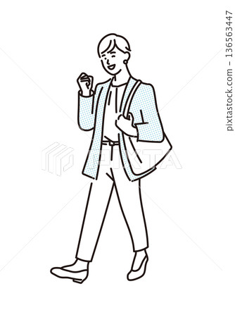 一幅簡單的插圖，描繪了一位職業女性在商務場景中向前行走的情景。 136563447