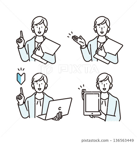 簡單插圖：一組職業婦女講解或提出某事的姿勢。商務場景。 136563449