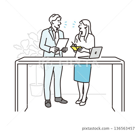 一幅簡單的插圖，描繪了一位男性和一位女性商務人士站著開會的場景。商務場景。 136563457