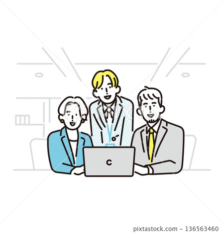 Simple illustration of smiling businessmen and women in business scenes 136563460