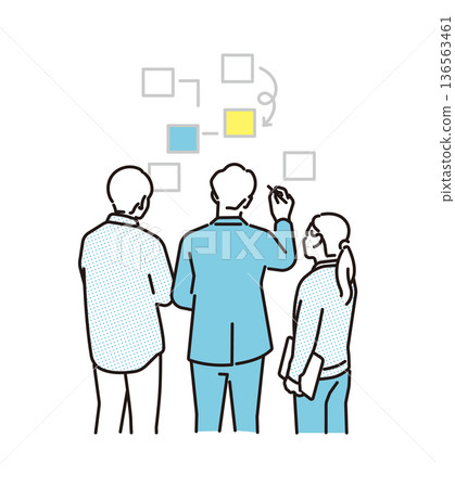 Simple illustration of male and female business people brainstorming in a business scene 136563461