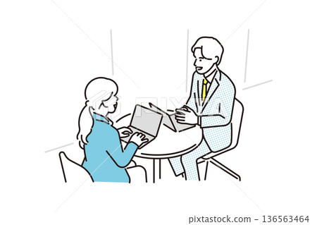 一幅簡單的插圖，描繪了一位男性和一位女性商務人士正在進行商務會議談判。 136563464
