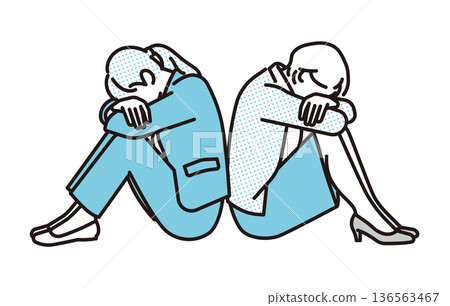 簡單的插圖,描繪了兩位女商務人士在商務場景中背對背蹲著的情景。 簡單的插圖,描繪了兩位女商務人士在商務場景中背對背蹲著的情景。 136563467