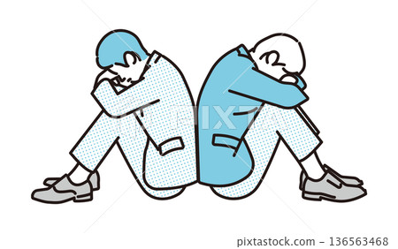 Simple illustration of two business men crouching back to back in a business scene Simple illustration of two business men crouching back to back in a business scene 136563468