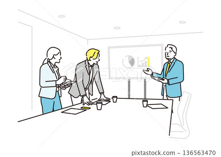 Simple illustration of a male and female business person giving a presentation in a business scene Simple illustration of a male and female business person giving a presentation in a business scene 136563470