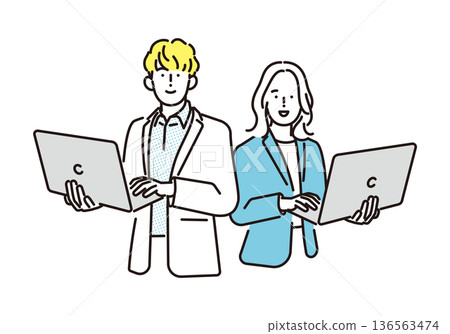 一幅簡單的插圖，描繪了一位男性和一位女性商務人士在商務場景中使用筆記型電腦的畫面。 136563474