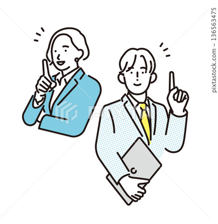 Simple illustration of smiling businessmen and women in business scenes 136563475