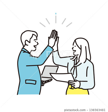 一幅簡單的插圖，描繪了一位男性和一位女性商務人士在商務場景中擊掌的場景。 136563481