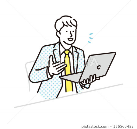 Simple illustration of a business person explaining something on a laptop computer. Business scene. 136563482