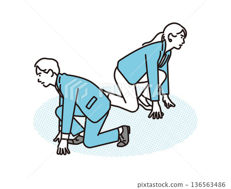 Simple illustration of a male and female business person taking a starting position. Business scene. Simple illustration of a male and female business person taking a starting position. Business scene. 136563486