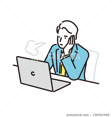 Simple illustration of a business person sighing after working on a computer. Business scene. Simple illustration of a business person sighing after working on a computer. Business scene. 136563489