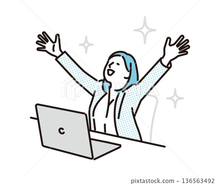 一幅簡單的插圖,描繪了一位雙手高舉、笑容滿面的商人。商業場景。 一幅簡單的插圖,描繪了一位雙手高舉、笑容滿面的商人。商業場景。 136563492