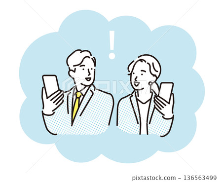 簡單的插圖，描繪了面帶微笑的商務男女手持智慧型手機，展現商務場景。 136563499