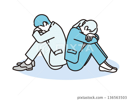 一幅簡單的插圖，描繪了一對背靠背站立的商人夫婦，他們神情沮喪，背景是商業場景。 136563503