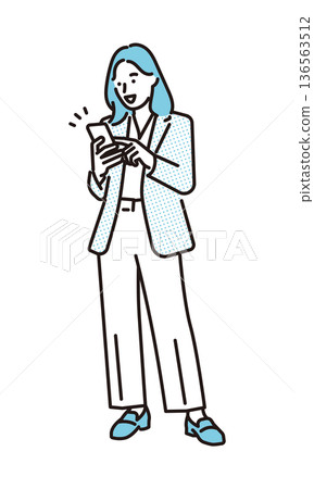 Simple illustration of a businesswoman operating a smartphone. Business scene. 136563512