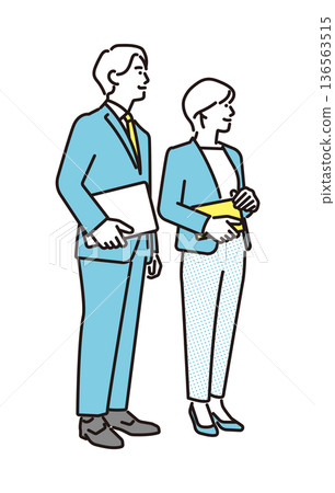 Simple illustration of a male and female business person holding documents in a business scene 136563515