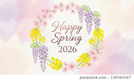 Happy Spring A spring greeting card decorated with a wreath of cherry blossoms, wisteria, and rape blossoms 136564167